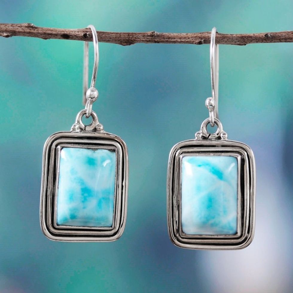 Polished Natural Rectangle Larimar Dangle Earrings 'Regal Geometry'