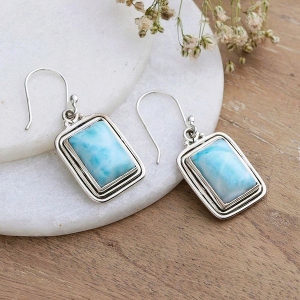 Alternate image for Polished Natural Rectangle Larimar Dangle Earrings Regal Geometry