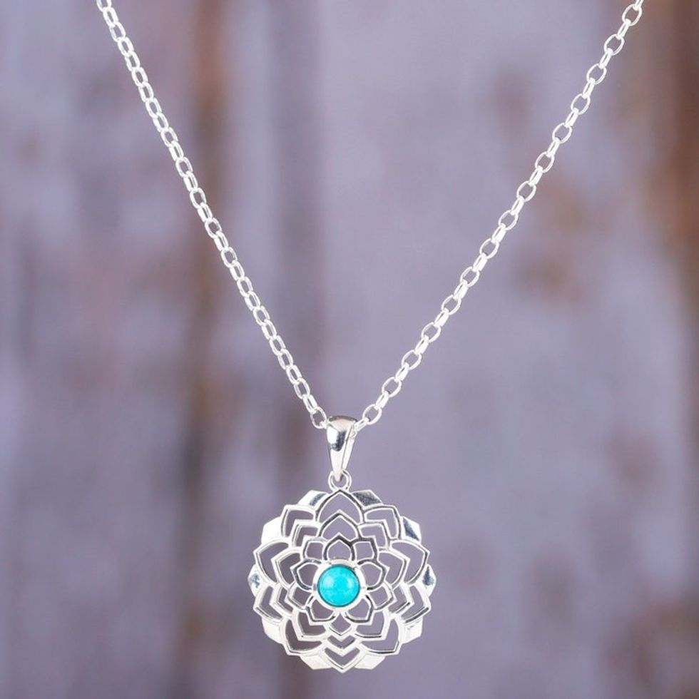 Sterling Silver Lotus Pendant Necklace with Recon Turquoise 'Tranquil Lotus'