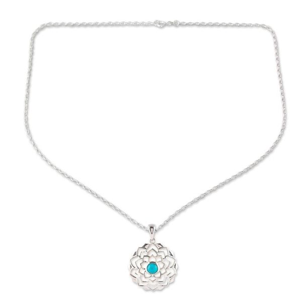 Alternate image for Sterling Silver Lotus Pendant Necklace with Recon Turquoise Tranquil Lotus