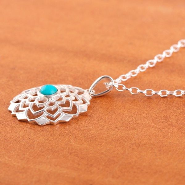 Alternate image for Sterling Silver Lotus Pendant Necklace with Recon Turquoise Tranquil Lotus