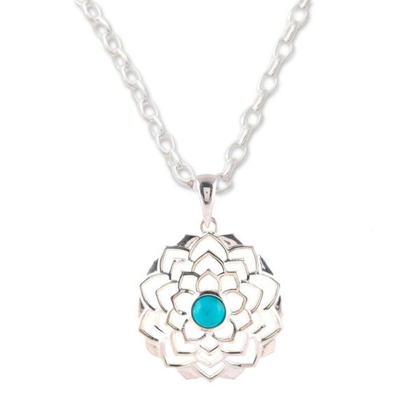 Alternate image for Sterling Silver Lotus Pendant Necklace with Recon Turquoise Tranquil Lotus