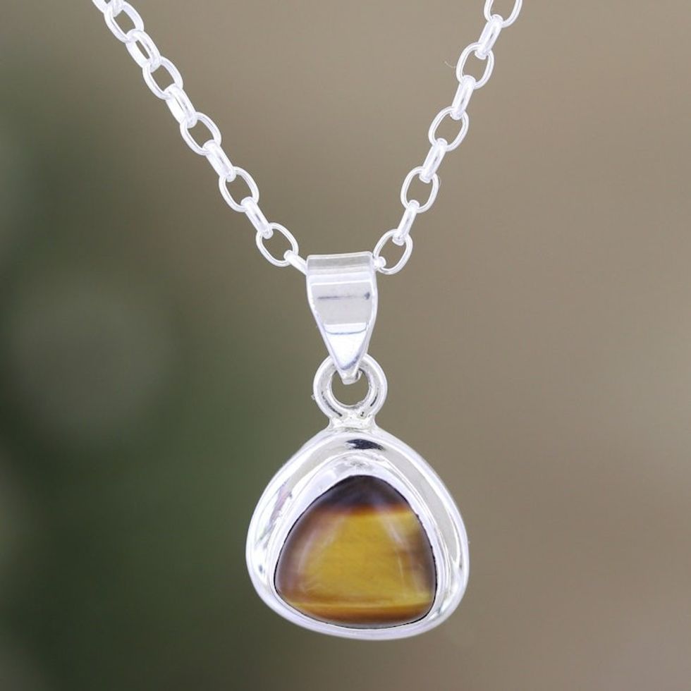 Polished Sterling Silver Pendant Necklace with Tiger's Eye 'Courage Realm'