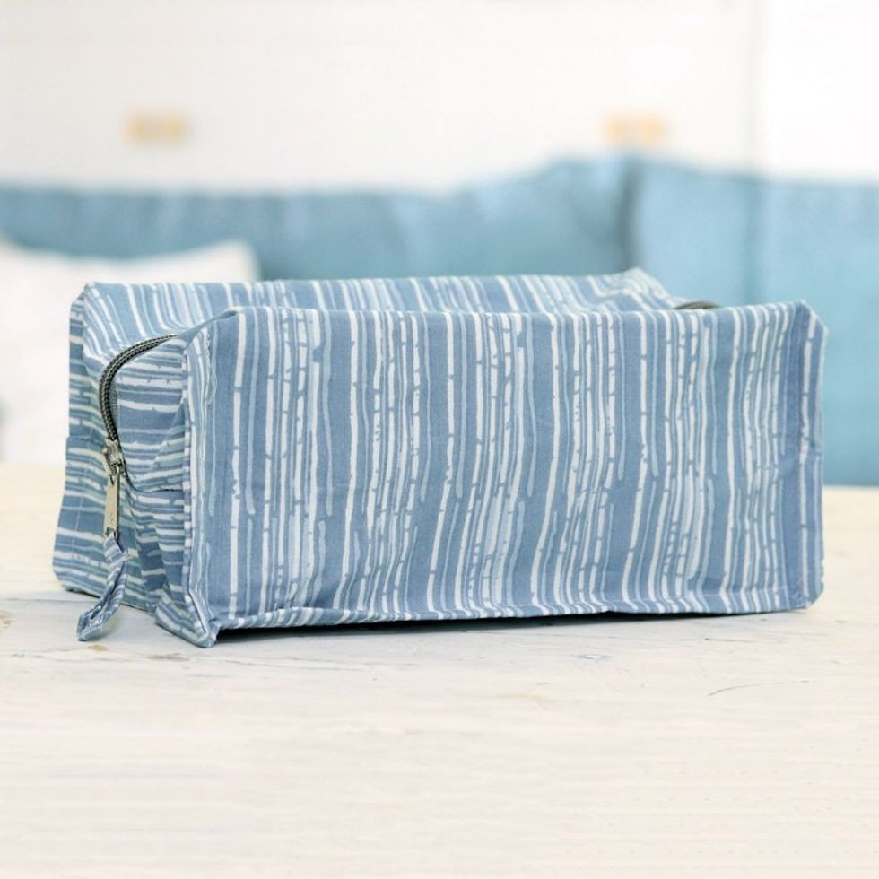 Cotton Travel Case with Hand-Block Printed Striped Pattern 'Sky Contours'