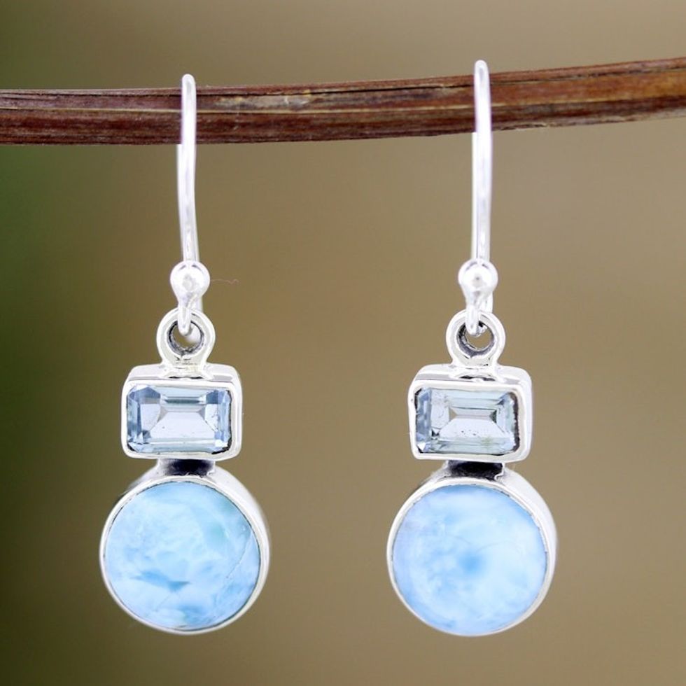 Blue Topaz and Larimar Dangle Earrings Crafted India 'Serene Alliance'