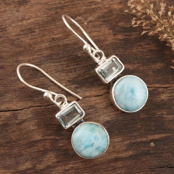 Alternate image for Blue Topaz and Larimar Dangle Earrings Crafted India Serene Alliance