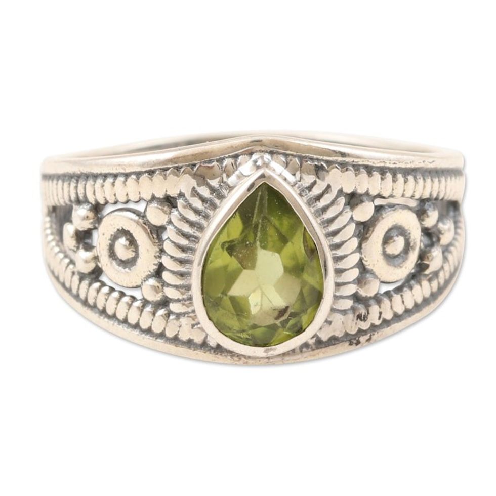 Polished Sterling Silver Cocktail Ring with Natural Peridot 'Prosperity Drop'