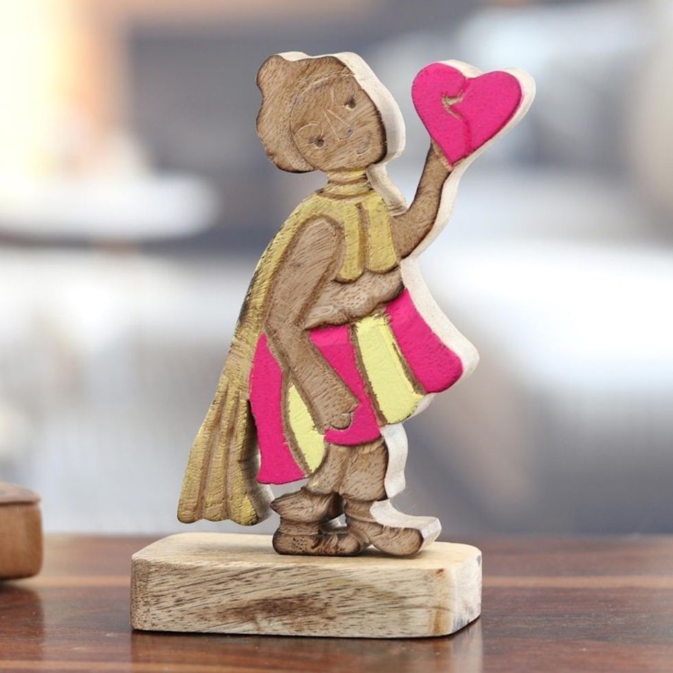 Hand-Painted Mango Wood Romantic Sculpture in Vibrant Hues 'Loving Messenger'