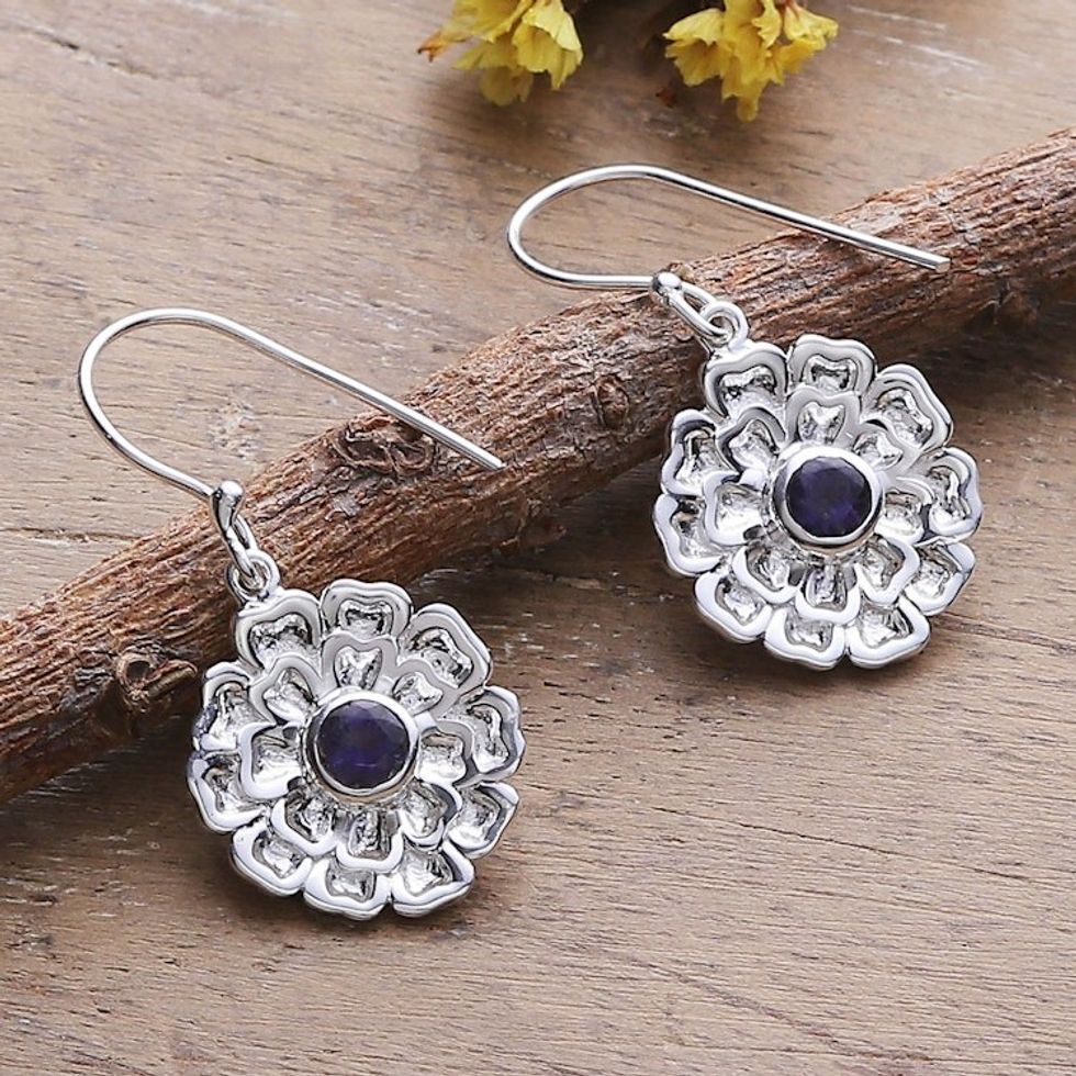 Sterling Silver Floral Dangle Earrings with Iolite Stone 'Blossoming Blue'