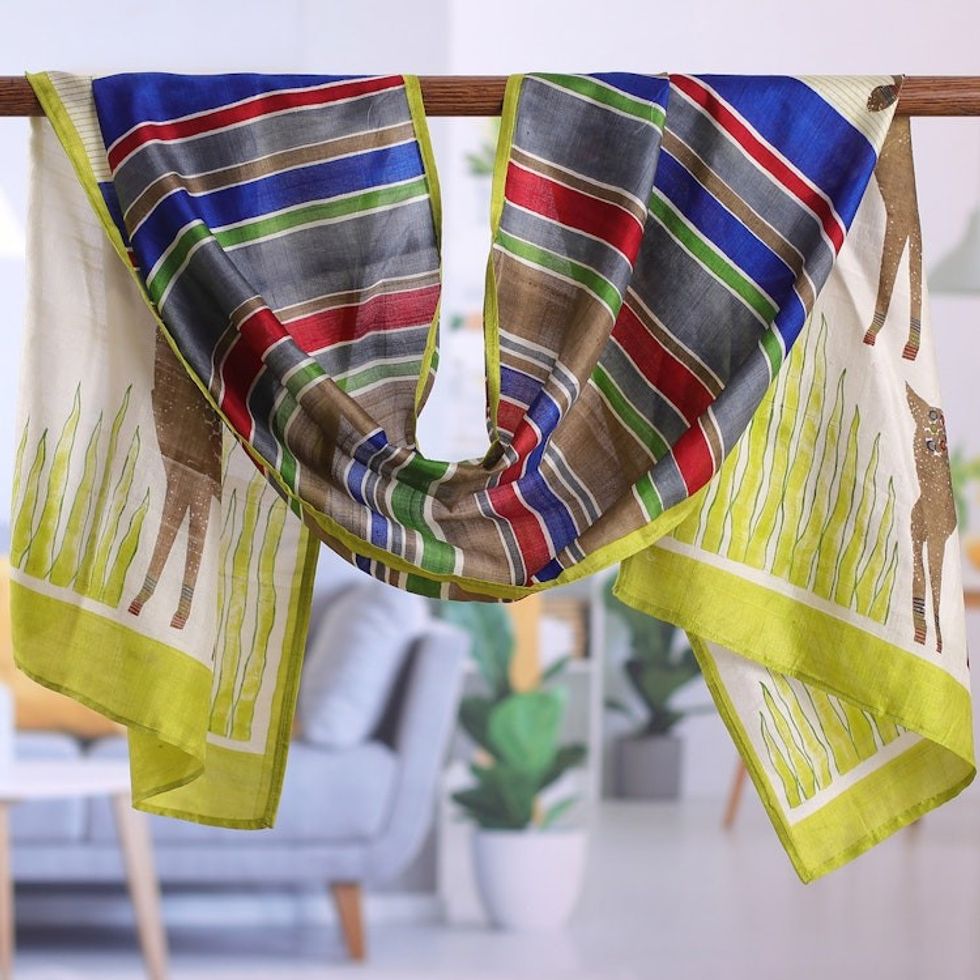 Hand-Painted Bordered Silk Scarf with Deer Motif from India 'Deer Saga'