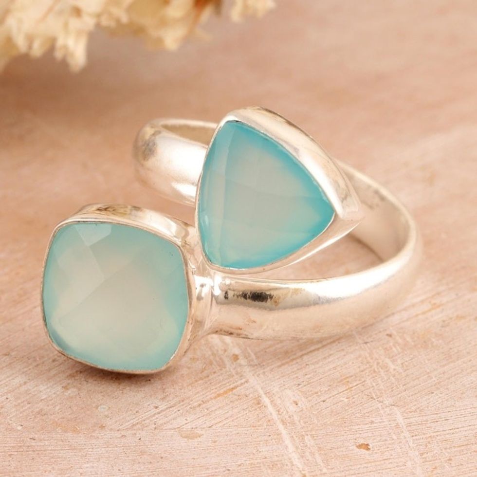 Sterling Silver Wrap Ring with Eight-Carat Chalcedony Gems 'Peace Horizon'
