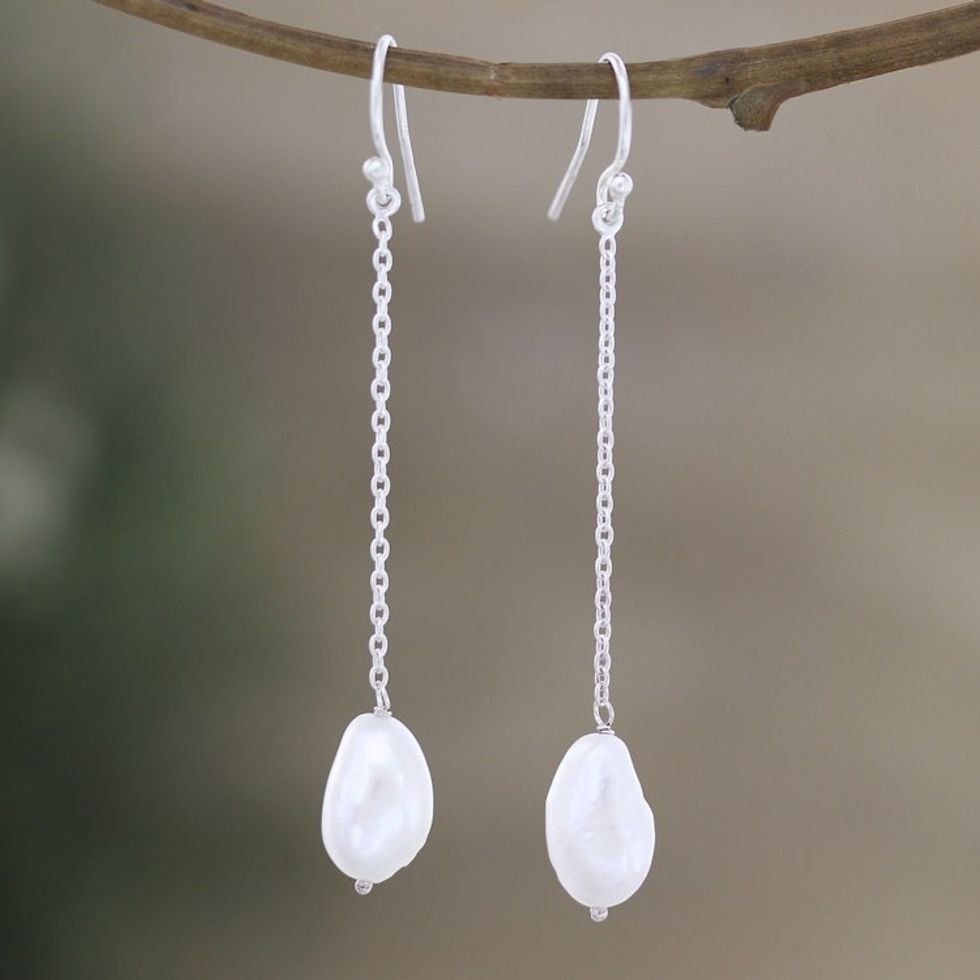 Sterling Silver Dangle Earrings with Cream Cultured Pearls 'Pearly Fortune'