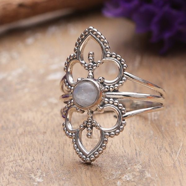 Alternate image for Polished Floral Natural Rainbow Moonstone Cocktail Ring Misty Divinity