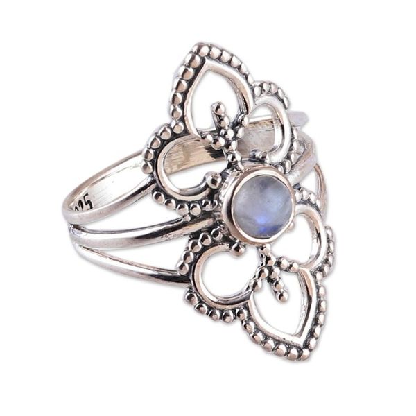 Alternate image for Polished Floral Natural Rainbow Moonstone Cocktail Ring Misty Divinity