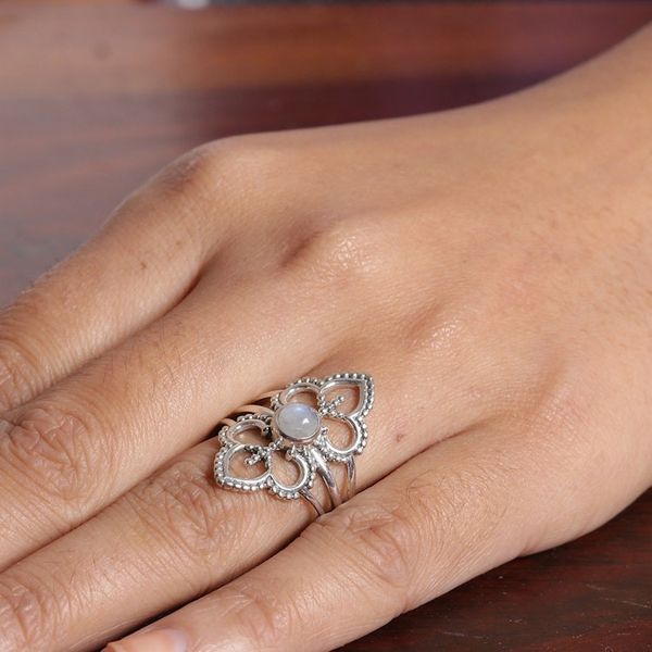 Alternate image for Polished Floral Natural Rainbow Moonstone Cocktail Ring Misty Divinity