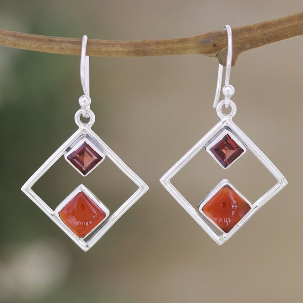 Rhombus Sterling Silver Dangle Earrings with Natural Stones 'Warm Rhombus'
