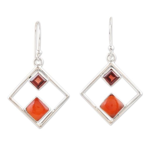 Alternate image for Rhombus Sterling Silver Dangle Earrings with Natural Stones Warm Rhombus