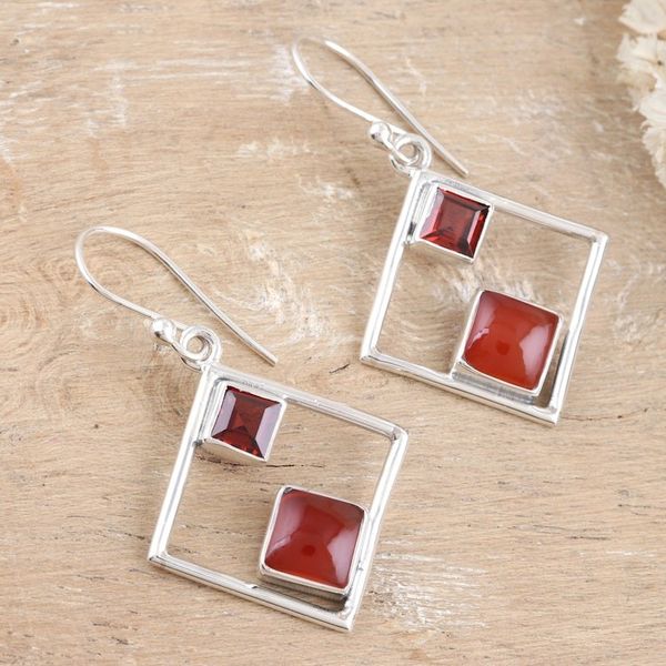 Alternate image for Rhombus Sterling Silver Dangle Earrings with Natural Stones Warm Rhombus