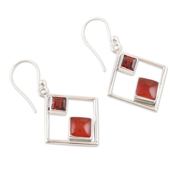 Alternate image for Rhombus Sterling Silver Dangle Earrings with Natural Stones Warm Rhombus