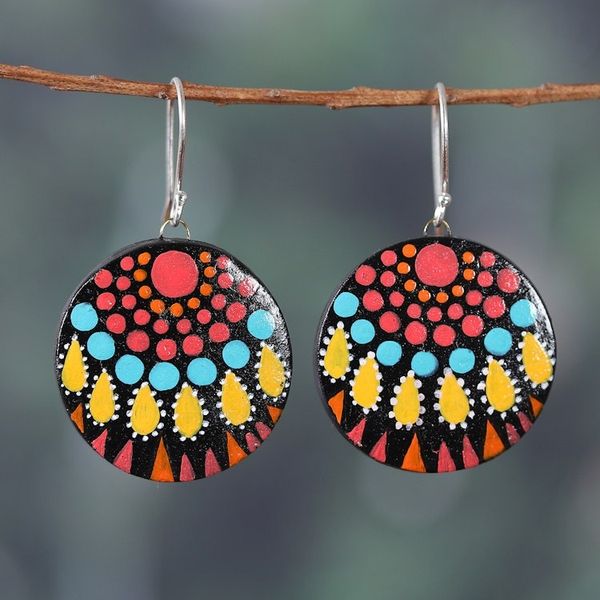 Alternate image for Mandala-Inspired Hand-Painted Round Ceramic Dangle Earrings Mandala Realm