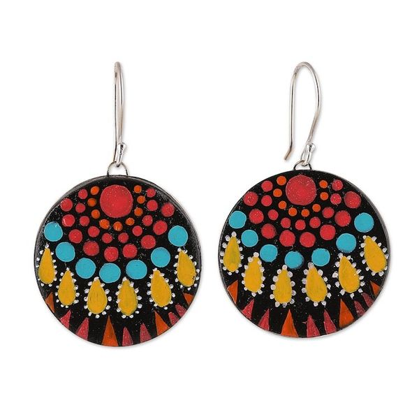 Alternate image for Mandala-Inspired Hand-Painted Round Ceramic Dangle Earrings Mandala Realm