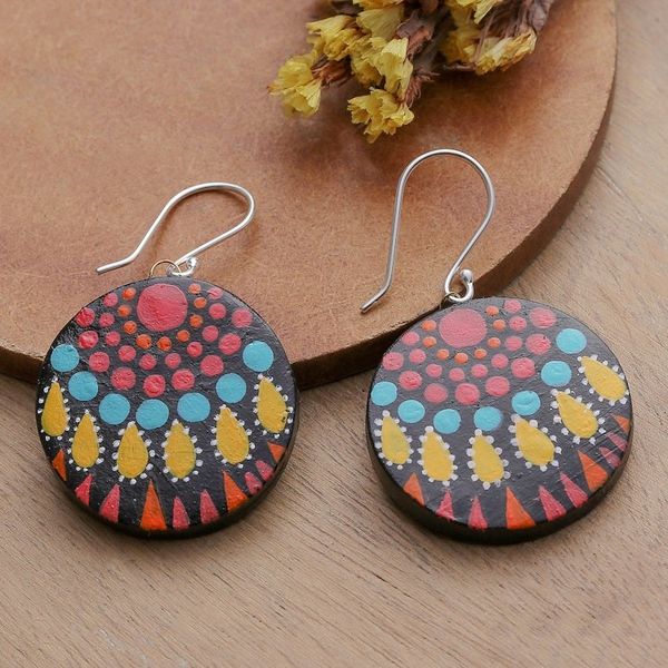 Alternate image for Mandala-Inspired Hand-Painted Round Ceramic Dangle Earrings Mandala Realm