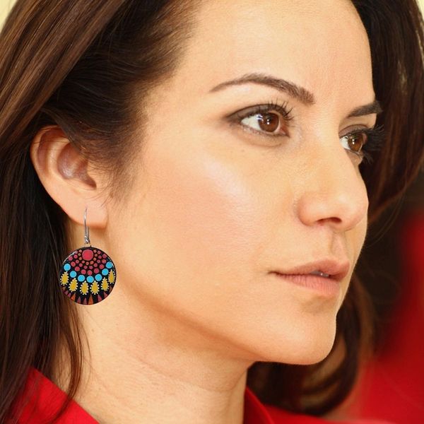 Alternate image for Mandala-Inspired Hand-Painted Round Ceramic Dangle Earrings Mandala Realm