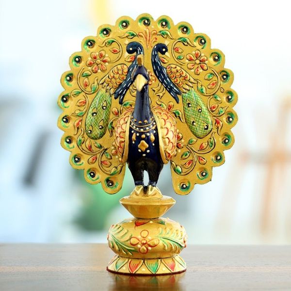 Alternate image for Handcrafted Golden Kadam Wood Peacock Sculpture from India Paradisiacal Peacock