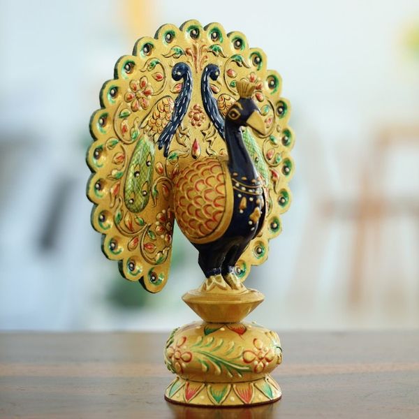 Alternate image for Handcrafted Golden Kadam Wood Peacock Sculpture from India Paradisiacal Peacock