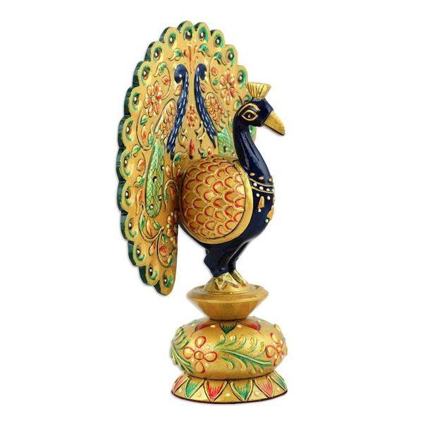 Alternate image for Handcrafted Golden Kadam Wood Peacock Sculpture from India Paradisiacal Peacock