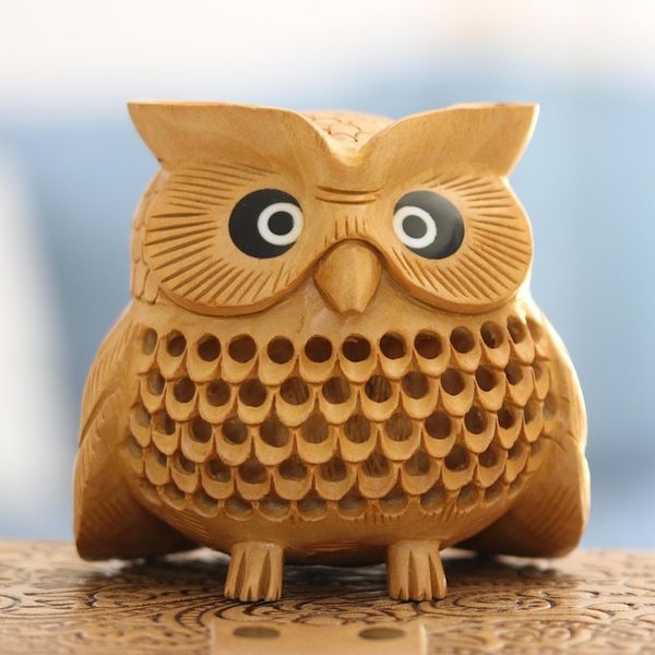 Alternate image for Wood Figurine of An Owl Exquisitely Hand-Carved in India Owl Charm