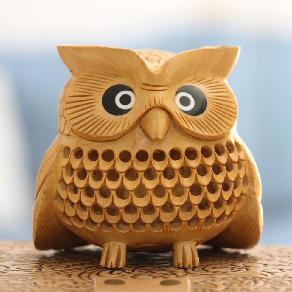 Wood Figurine of An Owl Exquisitely Hand-Carved in India 'Owl Charm'