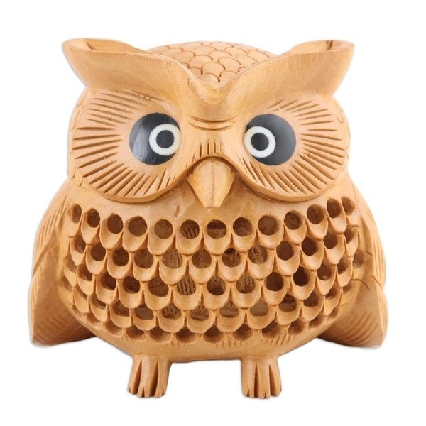 Alternate image for Wood Figurine of An Owl Exquisitely Hand-Carved in India Owl Charm