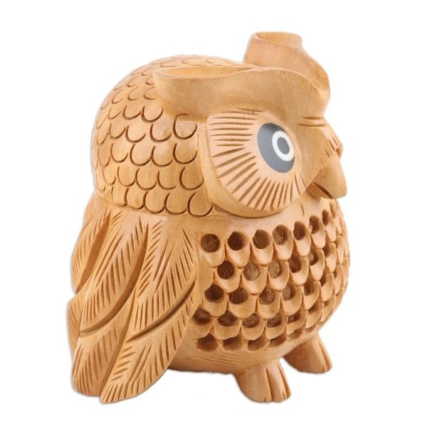 Alternate image for Wood Figurine of An Owl Exquisitely Hand-Carved in India Owl Charm