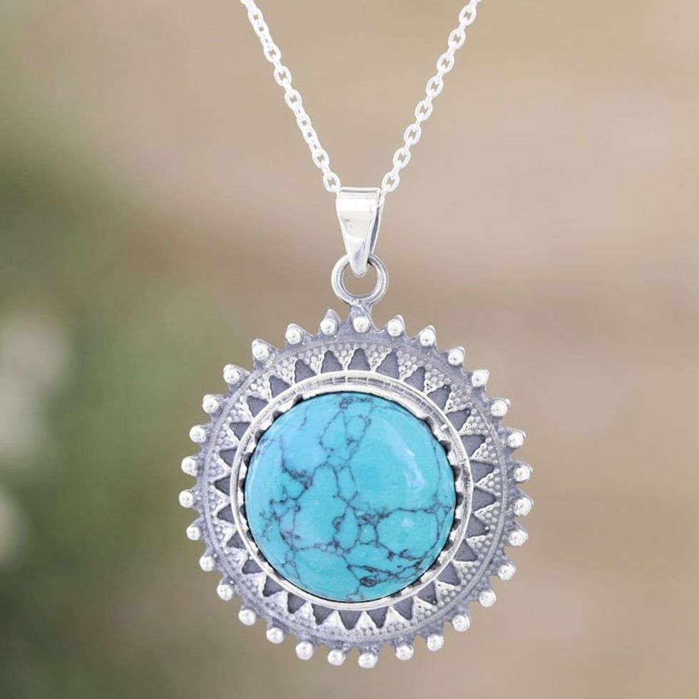 Reconstituted Turquoise and Sterling Silver Pendant Necklace 'Glam and Chic'