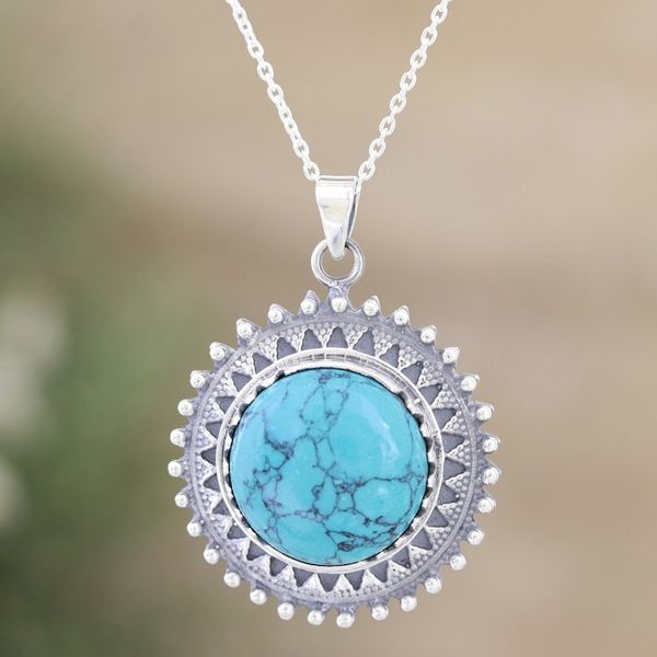 Alternate image for Reconstituted Turquoise and Sterling Silver Pendant Necklace Glam and Chic