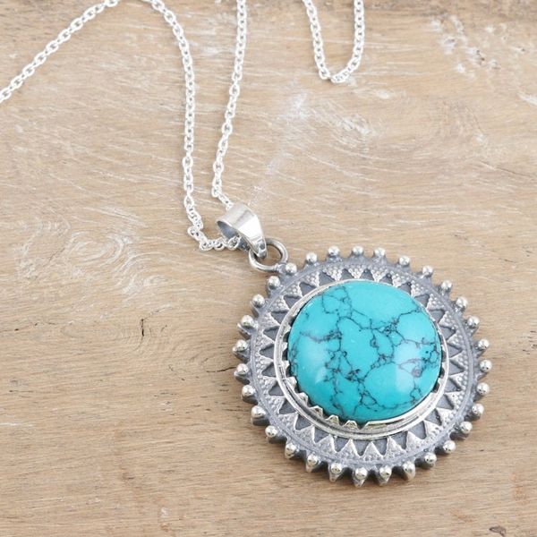 Alternate image for Reconstituted Turquoise and Sterling Silver Pendant Necklace Glam and Chic