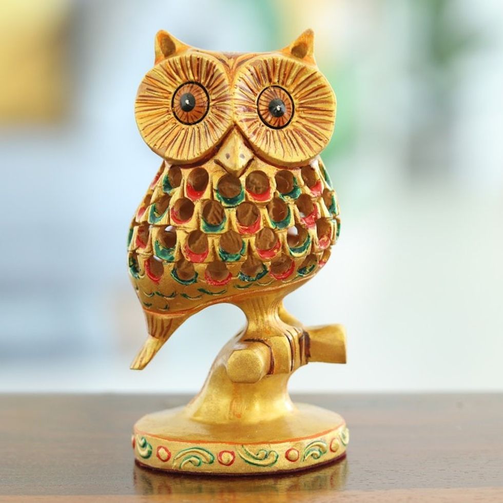 Hand-Painted Jali Kadam Wood Sculpture of a Golden Owl 'Palatial Owl'