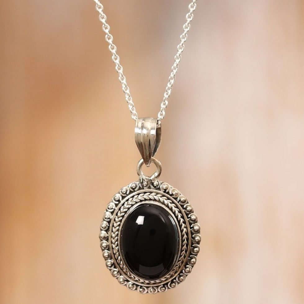 Onyx Cabochon and Sterling Silver Pendant Necklace 'Protective Allure'