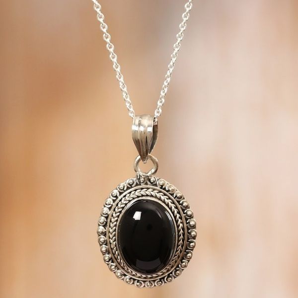 Alternate image for Onyx Cabochon and Sterling Silver Pendant Necklace Protective Allure