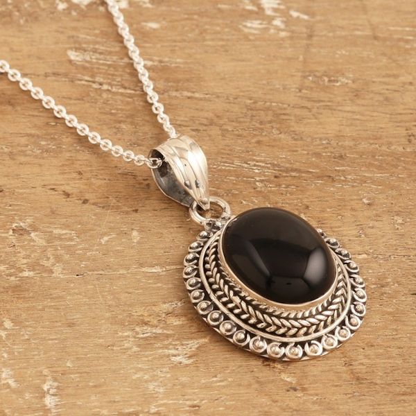 Alternate image for Onyx Cabochon and Sterling Silver Pendant Necklace Protective Allure
