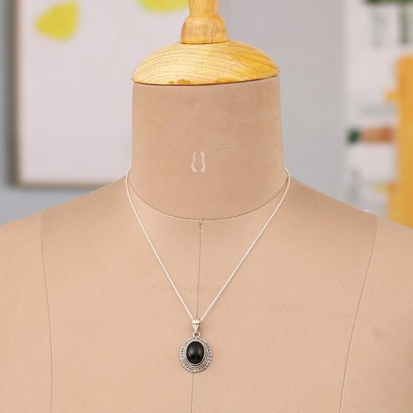 Alternate image for Onyx Cabochon and Sterling Silver Pendant Necklace Protective Allure