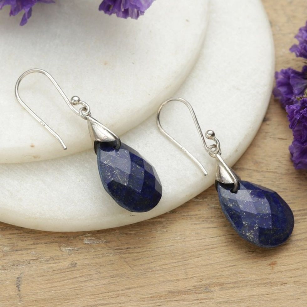 Polished Sterling Silver and Lapis Lazuli Dangle Earrings 'Sparkles of Blue'