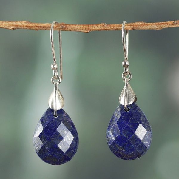 Alternate image for Polished Sterling Silver and Lapis Lazuli Dangle Earrings Sparkles of Blue
