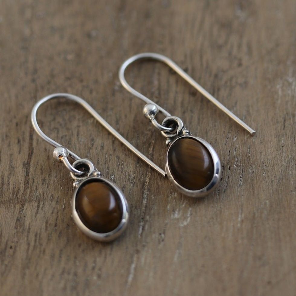 Sterling Silver Dangle Earrings with Tiger's Eye Cabochons 'Luminous Courage'