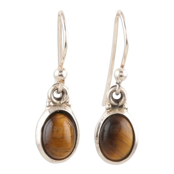 Alternate image for Sterling Silver Dangle Earrings with Tigers Eye Cabochons Luminous Courage