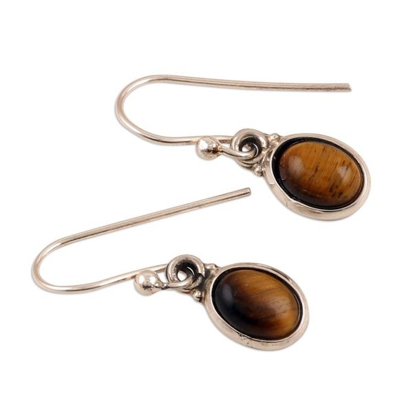 Alternate image for Sterling Silver Dangle Earrings with Tigers Eye Cabochons Luminous Courage