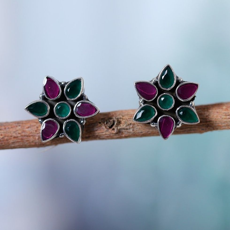 Pink and Green Onyx Sterling Silver Floral Button Earrings 'Fabulous Harmony'