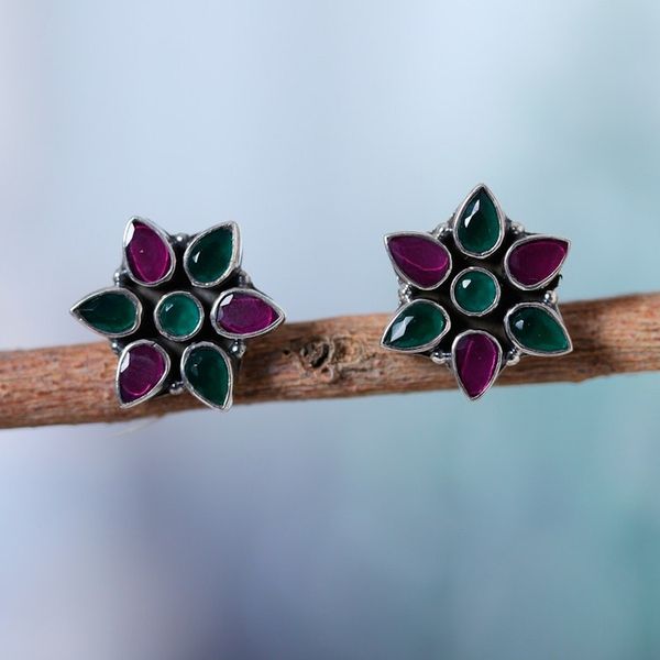 Alternate image for Pink and Green Onyx Sterling Silver Floral Button Earrings Fabulous Harmony