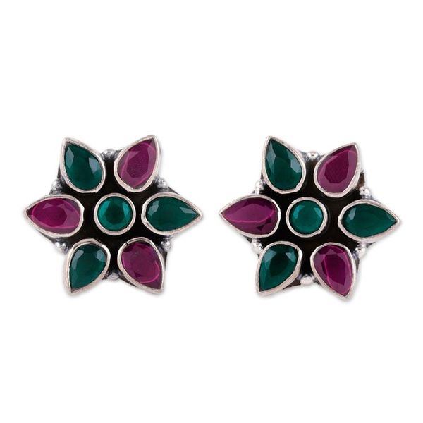 Alternate image for Pink and Green Onyx Sterling Silver Floral Button Earrings Fabulous Harmony